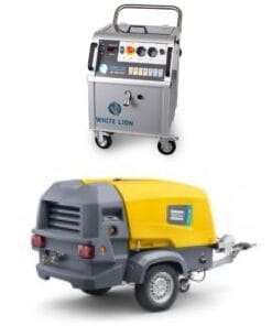 Droogijsstraalinstallatie White Lion WL 3000 Profi Atlas Copco Xats 138 bouwcompressoren - mobiele bouwcompressor